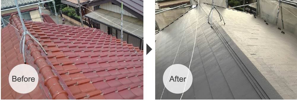 松戸市の屋根葺き替え工事の施工事例のビフォーアフター