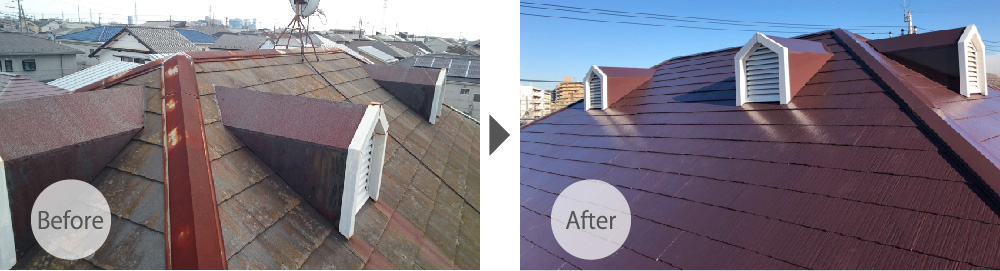 千葉市の屋根塗装・棟板金交換工事のビフォーアフター