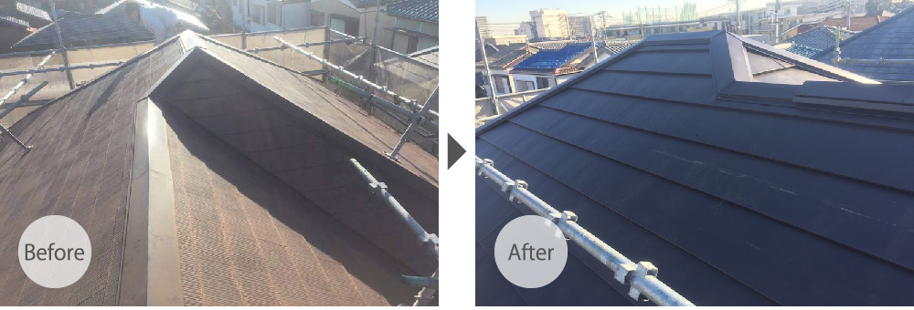 草加市の屋根カバー工法リフォームのビフォーアフター