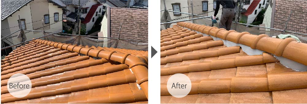 千葉市の屋根修理（棟の積み直し工事）のビフォーアフター