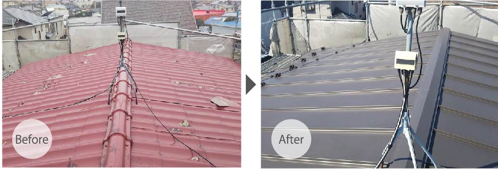 四街道市の屋根葺き替え工事の施工事例のビフォーアフター