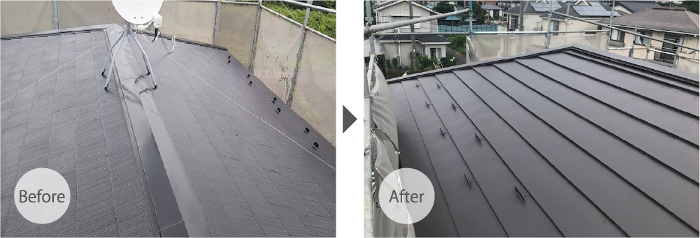 野田市の屋根カバー工法のビフォーアフター
